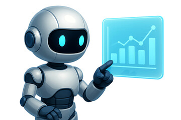 Fototapeta premium Trendy AI technology assistant – 3D chatbot mascot icon, funny happy robot isolated on white background, GPT automaton, computer support character