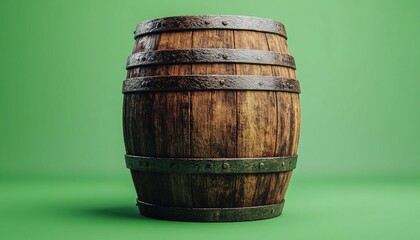 Obraz premium A wood barrel with metal rings on a green background. For use in taverns or storing beer, wine, and other liquors.