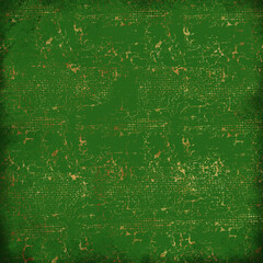 Distressed green background with worn golden scratches, aged surface, faded patterns, and antique grunge details ideal for scrapbooking, retro designs, posters, and digital graphic projects.