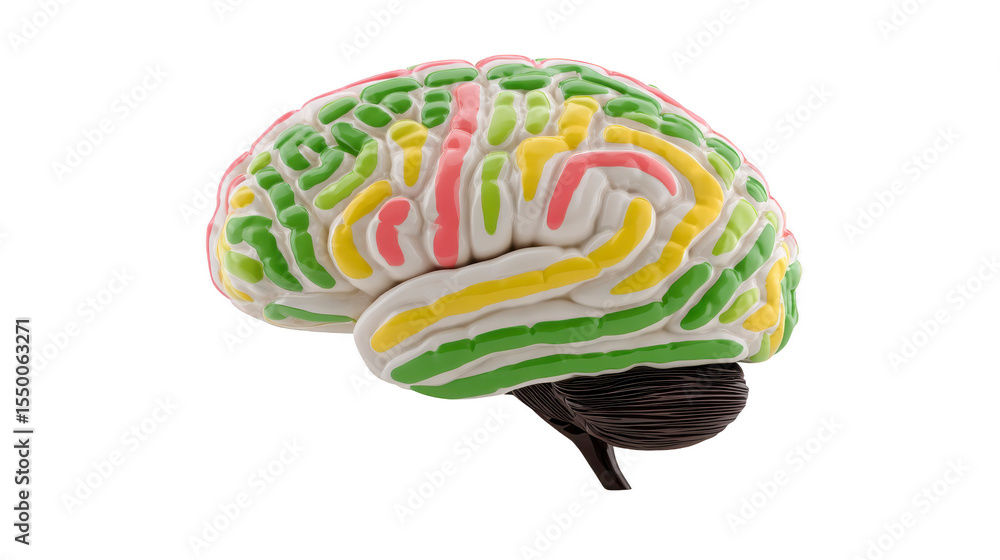 Poster colorful 3d model of human brain with distinct regions highlighted in green, yellow, and red, illust