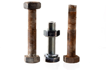 Three metal bolts of varying sizes and conditions. The bolts have visible threads and hexagonal heads, suitable for mechanical applications.