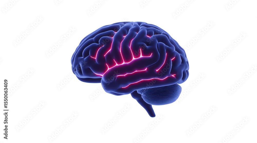 Poster glowing digital illustration of human brain with neon highlights, showcasing neural pathways and bra