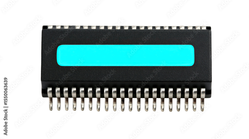Poster black integrated circuit chip with multiple metal pins is shown, featuring blue label on its surface