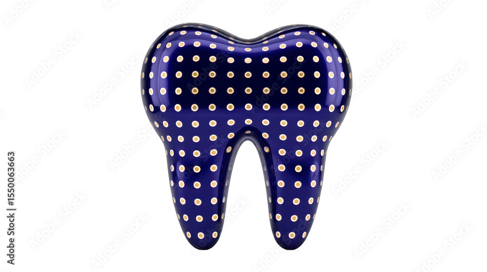 Poster blue tooth shaped object with polka dot pattern creates playful and whimsical design. glossy finish 