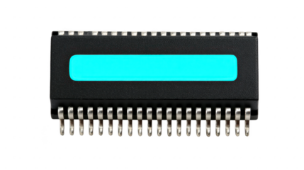 Black integrated circuit chip with multiple metal pins is shown, featuring blue label on its surface. This electronic component is essential for various technological applications