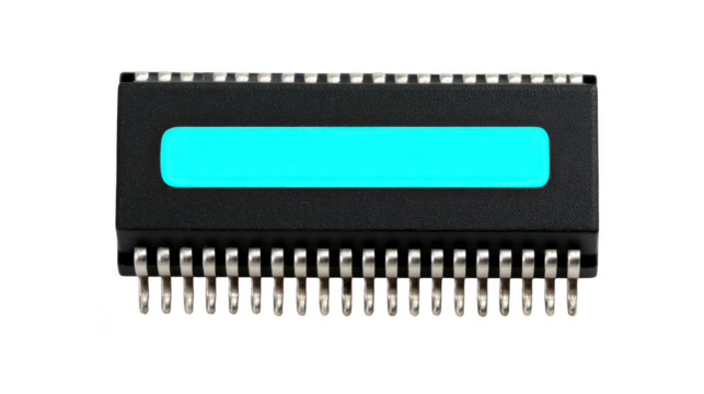 Black integrated circuit chip with multiple metal pins is shown, featuring blue label on its surface. This electronic component is essential for various technological applications