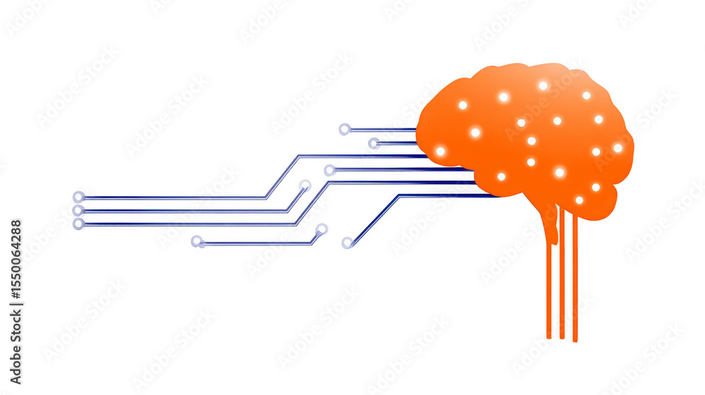 Poster illustration of brain connected to circuit lines symbolizes integration of technology and human inte