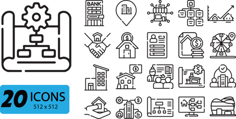 Set of 20 Business Architecture Icons, Outline Style, 512x512 Pixels