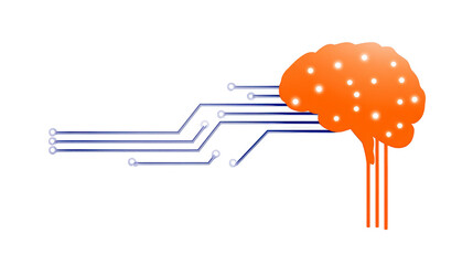 Illustration of brain connected to circuit lines symbolizes integration of technology and human intelligence, representing concepts like artificial intelligence and neural networks