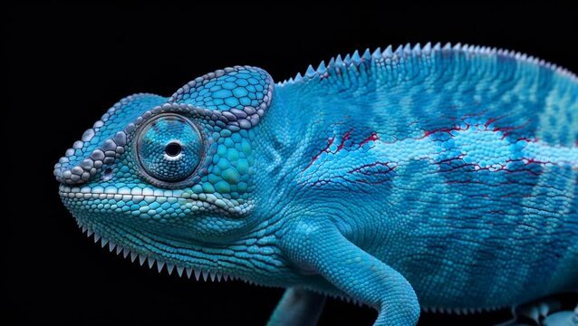 Vibrant chameleon changes skin color from green to blue macro detail studio shot