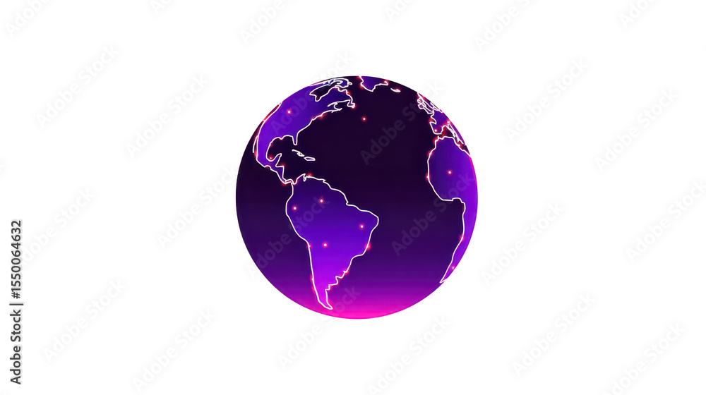 Poster glowing purple globe with highlighted continents and dots represents global connectivity and technol