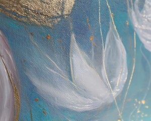 Abstract painting with light teal and soft pink/white flowers