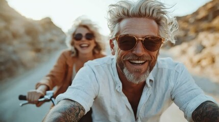 Fototapeta premium An adventurous couple enjoys a cheerful moment biking through a scenic outdoor landscape, capturing the essence of joy, connection, and shared experiences.