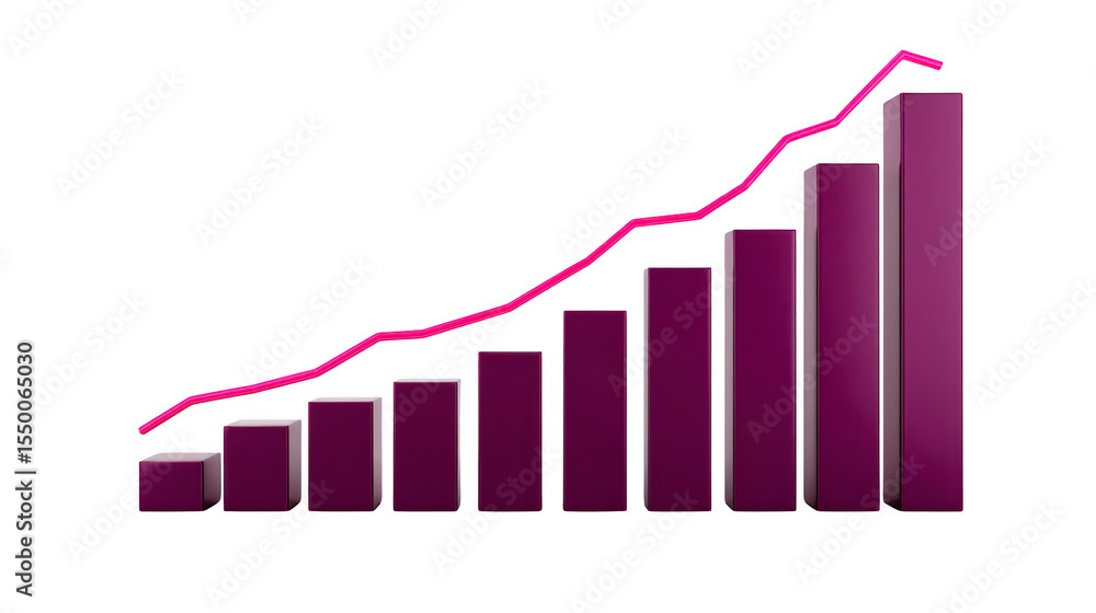 Poster 3d bar chart with pink line graph overlay shows increasing data trends, illustrating growth and prog