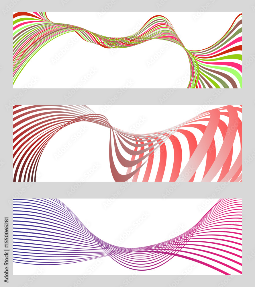 Poster wavy lines or ribbons. set of 3 backgrounds. multicolored striped gradient. creative unusual backgro
