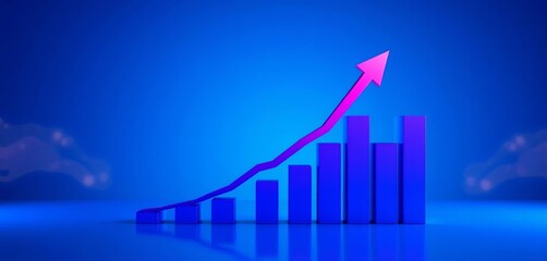 Abstract blue background financial growth bar graph with upward arrow and dollar sign, boom, ascending