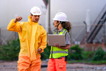Two environmental engineers in PPE gear reviewing field data on a laptop during coastal inspection,...