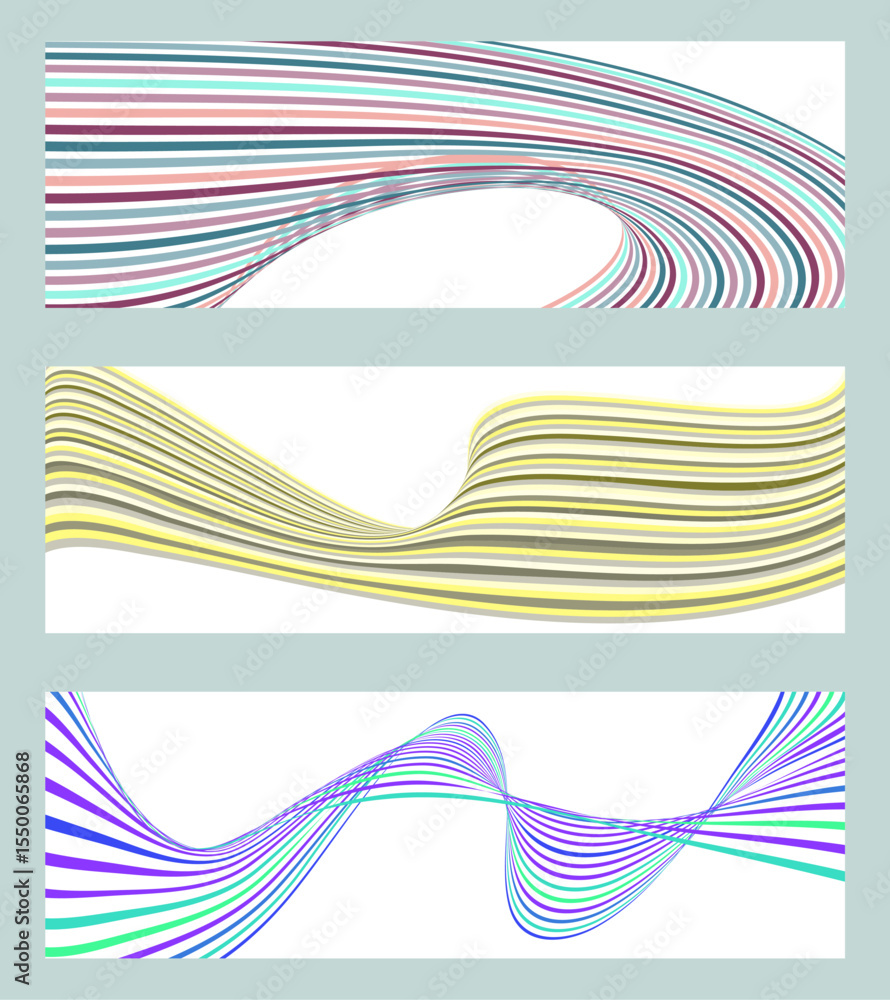 Poster wavy lines or ribbons. set of 3 backgrounds. multicolored striped gradient. creative unusual backgro