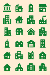 Green building icons vector set architecture house construction city skyline urban real estate design 100