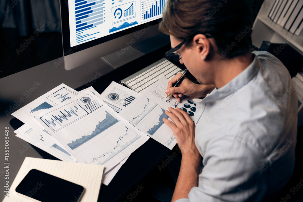 Aufkleber thinking smart businessman surrounded paperwork report paragraph dynamic database analyzing to prese