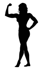 Silhouette of muscular woman flexing arm, fitness bodybuilder female posing strong muscles pose
