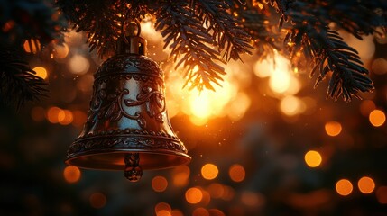 Ornate bronze bell hangs on Christmas tree branch, warm sunset glow