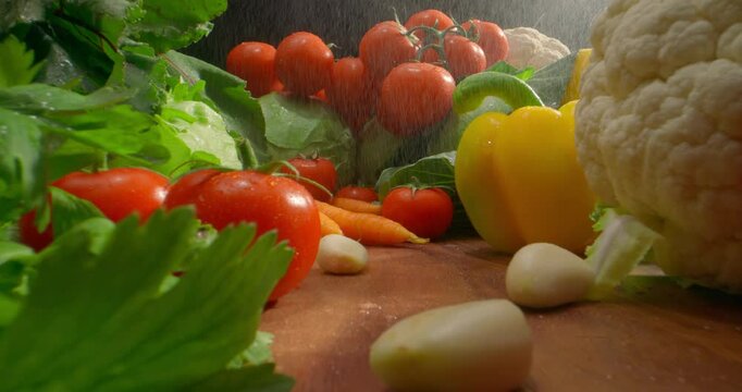 Assortment of fresh vegetables misted with water. Organic vegetables including tomatoes cauliflower bell pepper carrots garlic and leafy greens creating healthy farm-to-table visual