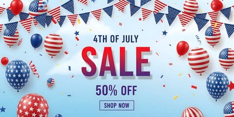 Vibrant 4th of July sale banner with patriotic balloons, American flag bunting, and shimmering confetti, offering a 50% discount for holiday shoppers and promoting online shopping