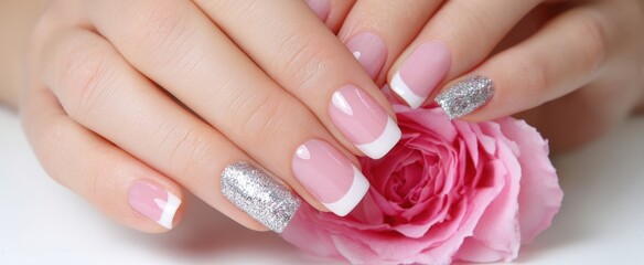 Fototapeta premium The Elegant Manicure Showcasing Pink Nails with Glitter Accents and a Rose.