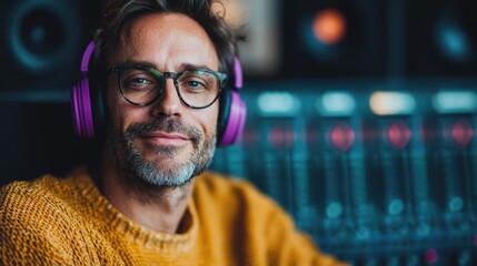 A stylish music producer in a bright studio dons oversized headphones, embodying creativity and confidence as he engages with innovative music creation amidst a vibrant atmosphere.