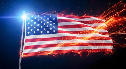 Vibrant American flag waving with fiery energy and glowing light against a dark, starry sky, symbolizing patriotism, power, and national pride for US holidays