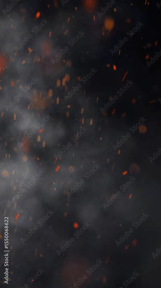 Wall mural vertical smoke and orange glowing sparks in wind 4k loop features smoke and sparks blowing up the sc
