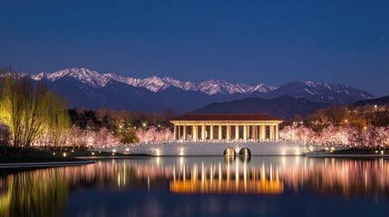 Obraz premium Illuminated architectural bridge over a calm lake at twilight, with mountains in the background.