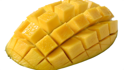 A close-up view of a ripe mango half, neatly cut into a grid pattern of yellow cubes. The vibrant yellow flesh of the mango is visible, suggesting its juiciness.