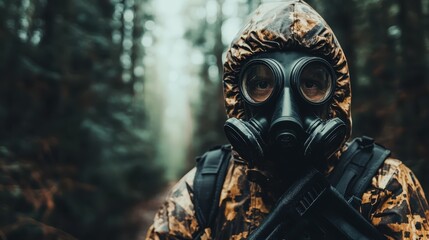 A man in a gas mask and camouflage outfit stands in a foggy forest, creating an eerie atmosphere that evokes feelings of uncertainty and adventure in the wild.