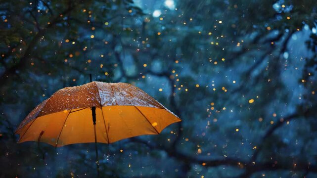 Rainy night umbrella underneath dark trees
