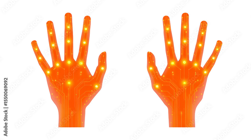 Poster two glowing orange digital hands with circuit patterns symbolize technology and innovation. futurist