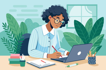 Naklejka premium Young woman working from home with laptop and notebook in a bright office