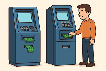 Man using an ATM for cash deposit and withdrawal. Cartoon vector illustration of a person at a bank machine. Financial transaction, banking automation, and payment concept.