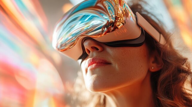 An engaged woman wearing a VR headset, immersed in a virtual reality experience, illustrating the intersection of technology and human emotion in the digital age.