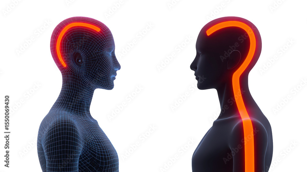 Poster two digital human figures face each other, with glowing lines representing neural pathways. image sy