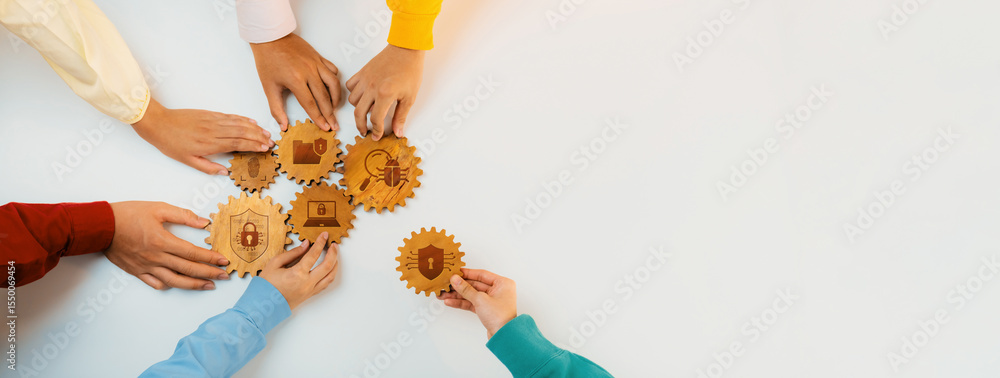 Aufkleber an engaging scene showing diverse hands collaboratively holding gears that represent various cyberse