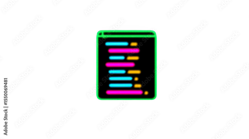Poster glowing neon icon of document with colorful lines representing code, set against transparency backgr