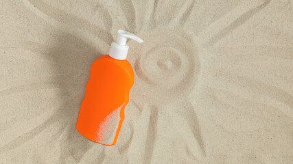 Close-up of orange tube of sunscreen on white sand. Sun protection. Top view