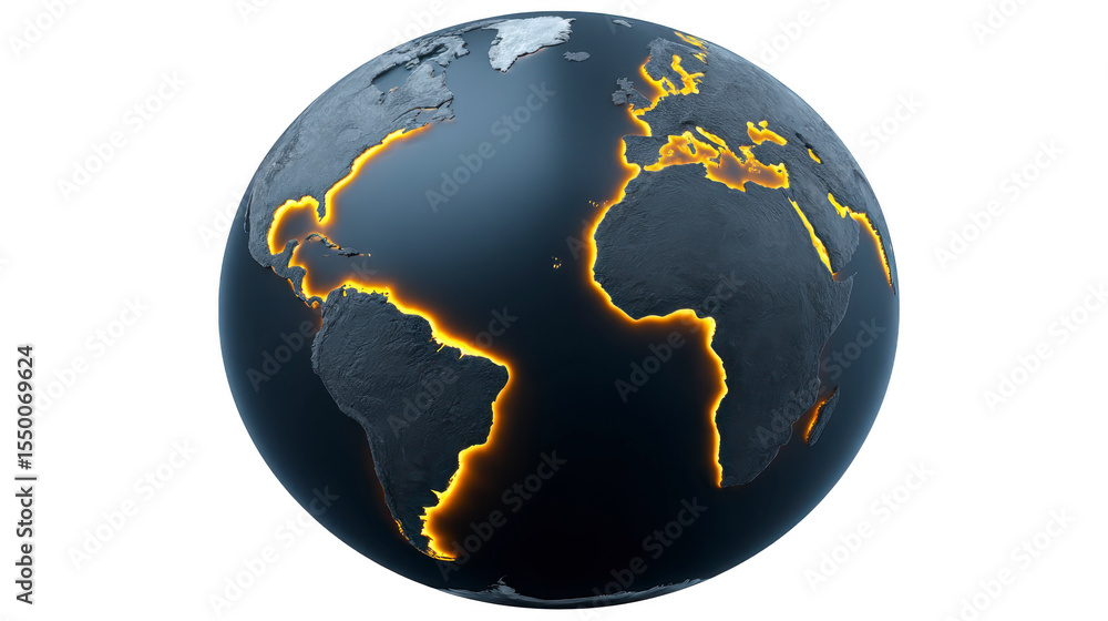 Poster 3d rendering of earth highlighting tectonic plate boundaries with glowing lines, showcasing continen