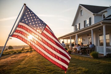 American flag waving proudly at sunset over a picturesque rural home family gathering celebrating patriotism and community