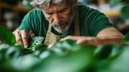 An elderly man carefully studying a green plant, showcasing his dedication and expertise in gardening while connecting with nature through nurturing.
