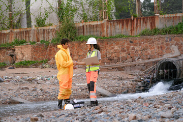 Environmental field team in protective gear analyzes water samples on a polluted beach. One holds a...