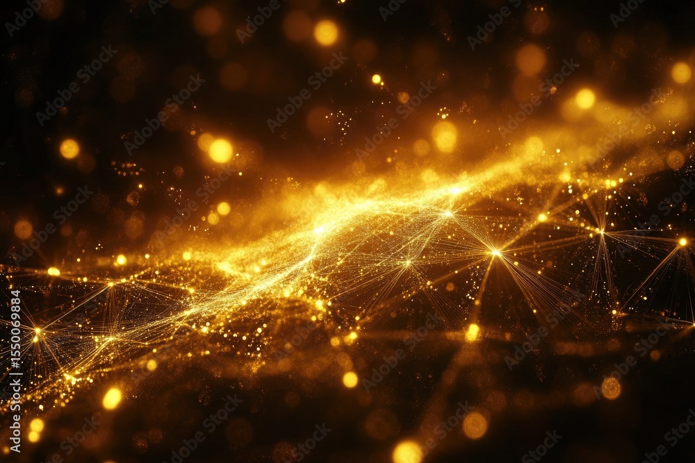 Poster golden glittering particles connect in network with bokeh lights. useful for technology concepts, lu