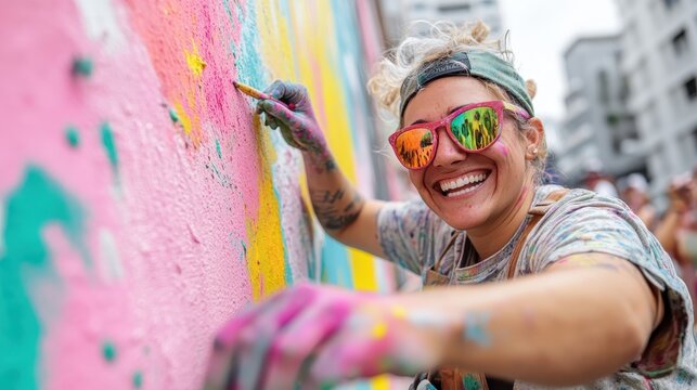 A joyful artist is passionately creating a vibrant mural, covered in paint, capturing the spirit of creativity, expression, and urban art culture in a lively setting. - Powered by Adobe